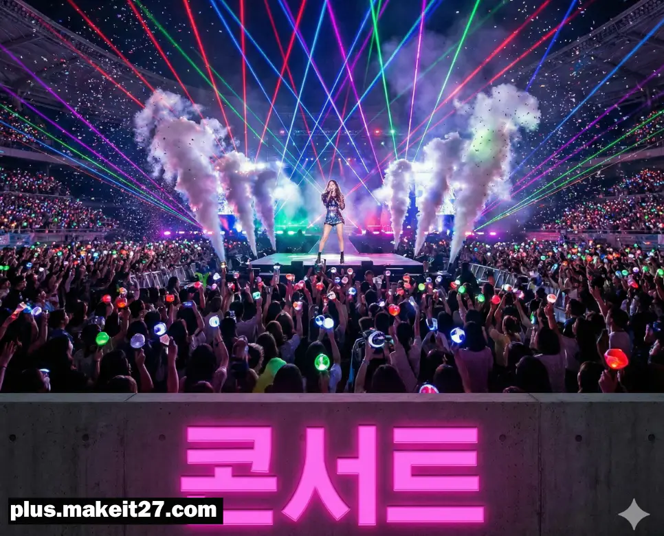 화려한 조명과 수많은 관객의 열기로 가득 찬 대규모 콘서트 무대와 네온 스타일의 영문 로고
