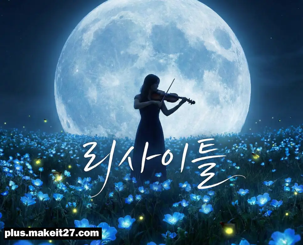 달빛 아래 신비로운 분위기에서 펼쳐지는 바이올린 리사이틀 애니메이션 이미지와 영문 로고