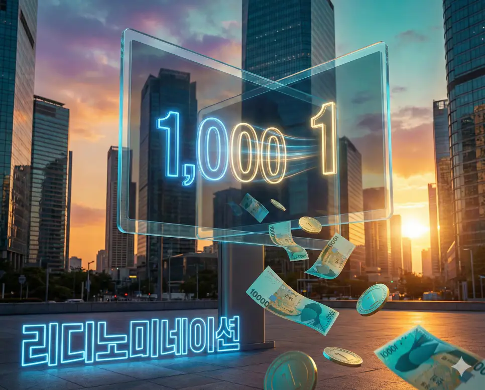 리디노미네이션 뜻인 한 나라의 화폐를 가치의 변동 없이 그 호칭만 낮은 숫자로 바꾸는 화폐 단위 변경을 상징화한 이미지