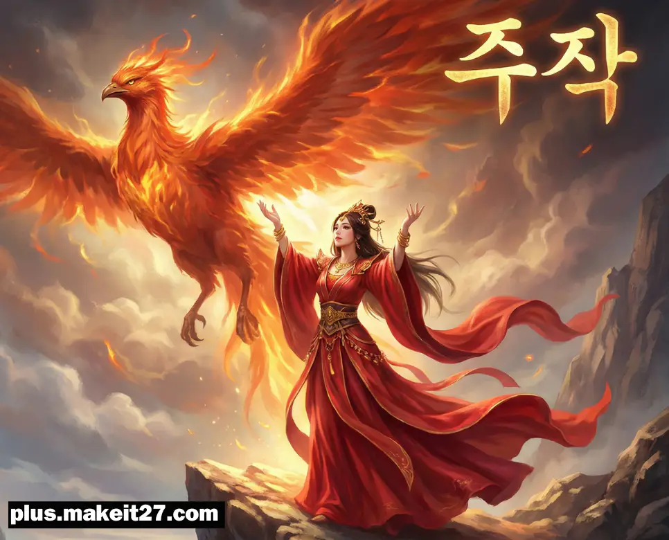 신화 속 남쪽의 수호신이자 불의 영물인 주작을 소환하는 신비로운 장면