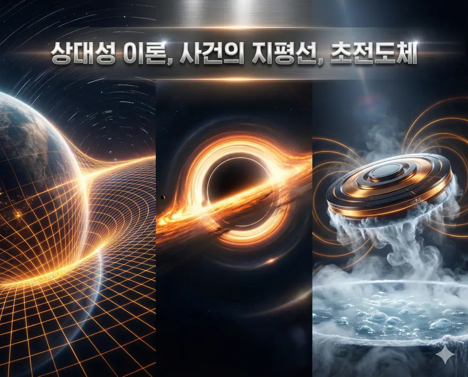 상대성 이론, 사건의 지평선, 초전도체의 개념과 물리적 현상들을 세련된 구도로 통합한 종합 가이드 이미지