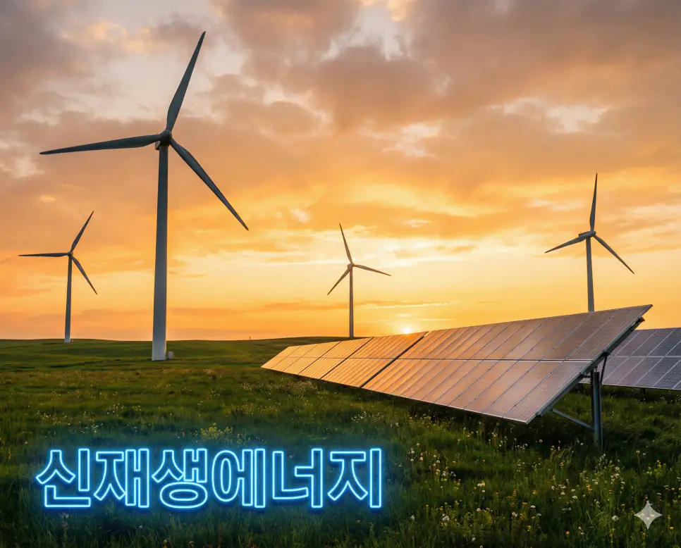 신재생에너지 뜻인 기존 화석 연료를 대체하는 지속 가능한 친환경 에너지를 상징적으로 표현한 이미지