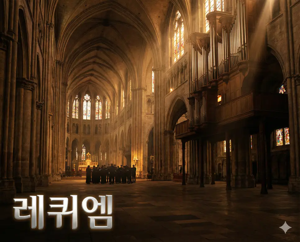 레퀴엠 뜻이 담긴 장엄한 성당 내부와 경건한 분위기가 느껴지는 진혼곡의 무게감을 담은 실사 사진