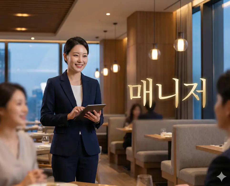 매니저 뜻이 담긴 전체적인 운영을 총괄하고 최상의 서비스를 제공하는 신뢰감 있는 관리자의 장면