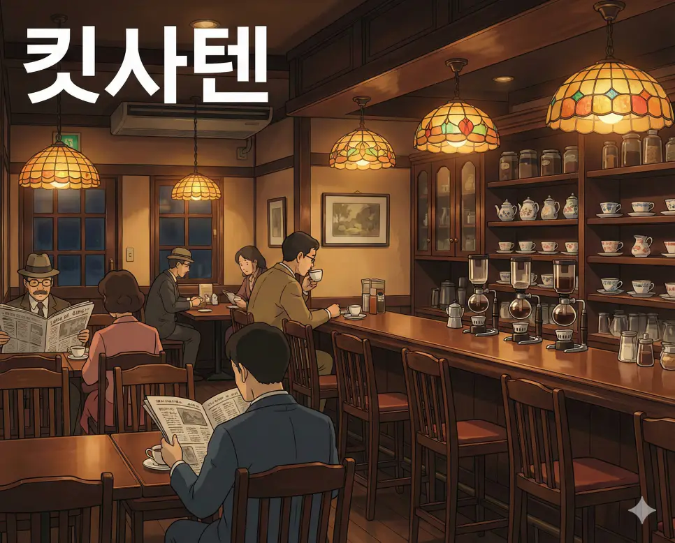 전통적인 다방이나 찻집을 의미하는 킷사텐 뜻이 담긴 복고풍 카페의 따뜻하고 정겨운 분위기를 담아낸 애니메이션 작화 이미지입니다.