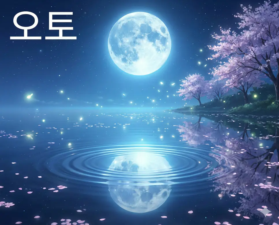 소리나 음향을 의미하는 오토 뜻이 담긴 잔잔한 물결의 파동을 통해 소리의 울림을 시각적으로 표현한 고퀄리티 애니메이션 작화 이미지입니다.