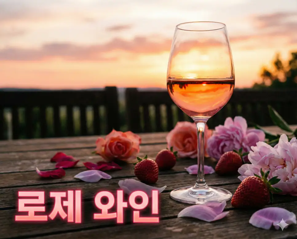 로제 와인 뜻이 담긴 매혹적인 분홍빛 색감과 로맨틱한 분위기가 느껴지는 우아한 와인 잔의 실사 사진