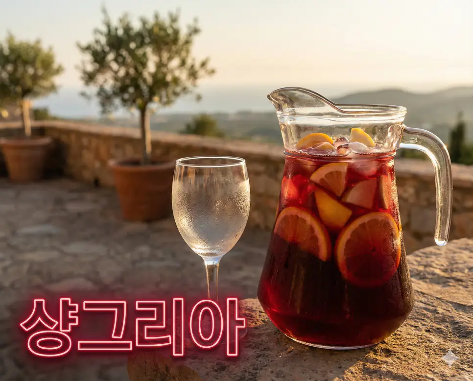 샹그리아 뜻이 담긴 시원한 와인 속에 다채로운 과일이 어우러진 스페인 전통 음료의 청량하고 화려한 실사 사진