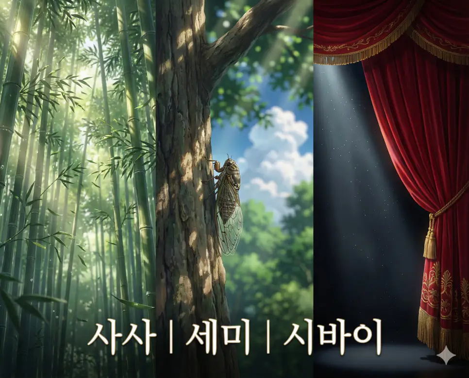 사사 뜻, 세미 뜻, 시바이 뜻이 담긴 자연의 속삭임과 여름의 추억, 그리고 인생의 무대를 테마로 구성한 고퀄리티 애니메이션 스타일 통합 가이드 이미지입니다.