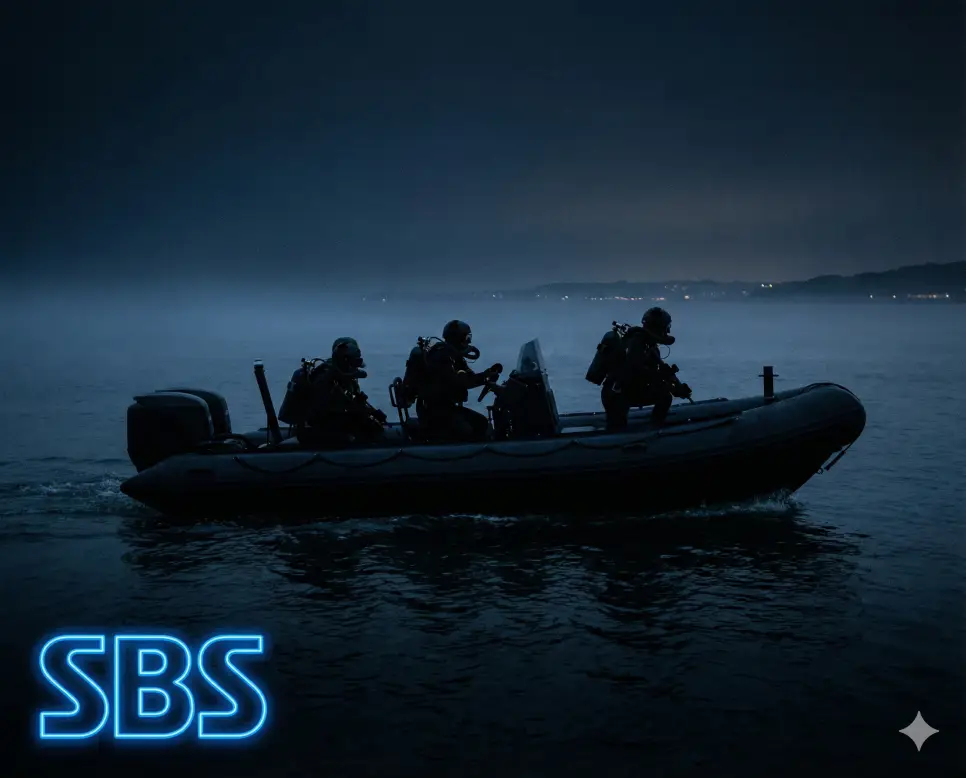 SBS 뜻인 영국의 전설적인 해군 특수부대 Special Boat Service를 상징하는 시네마틱 이미지