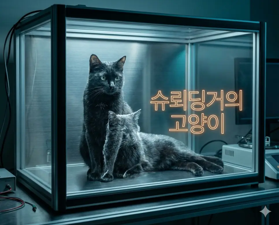 슈뢰딩거의 고양이 뜻인 관측 전까지 두 가지 상태가 공존한다는 양자 중첩의 역설을 묘사한 실사 이미지