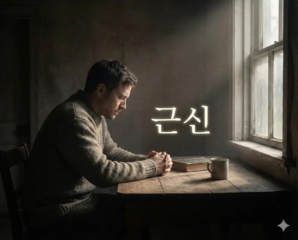 잘못을 저지른 사람이 외부 활동을 삼가고 집이나 지정된 장소에서 반성하는 징계인 근신의 모습