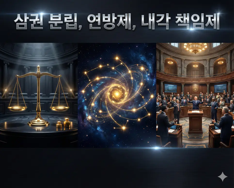 삼권 분립, 연방제, 내각 책임제의 개념과 다양한 국가 운영 방식을 세련된 구도로 통합한 종합 가이드 이미지