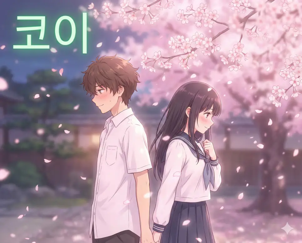 누군가를 그리워하거나 설레는 사랑을 의미하는 코이 뜻과 풋풋한 연심이 잘 보여주는 세련된 애니메이션 스타일의 이미지입니다.