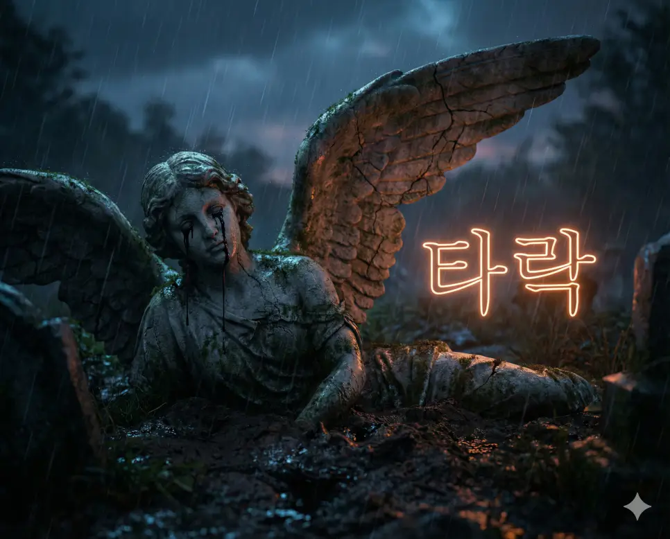 타락 뜻인 올바른 길에서 벗어나 무너지고 썩어버린 상태를 상징적으로 표현한 이미지