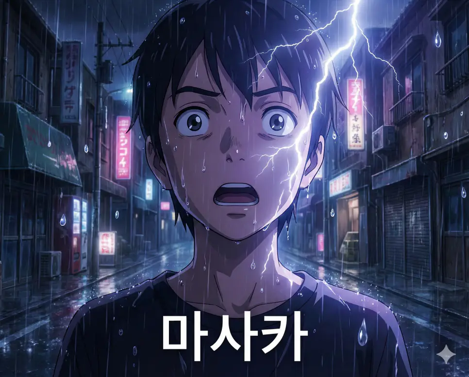 설마 혹은 그럴 리가라는 놀라움을 나타내는 마사카 뜻이 담긴 반전과 충격의 순간을 묘사한 애니메이션 스틸컷 이미지입니다.