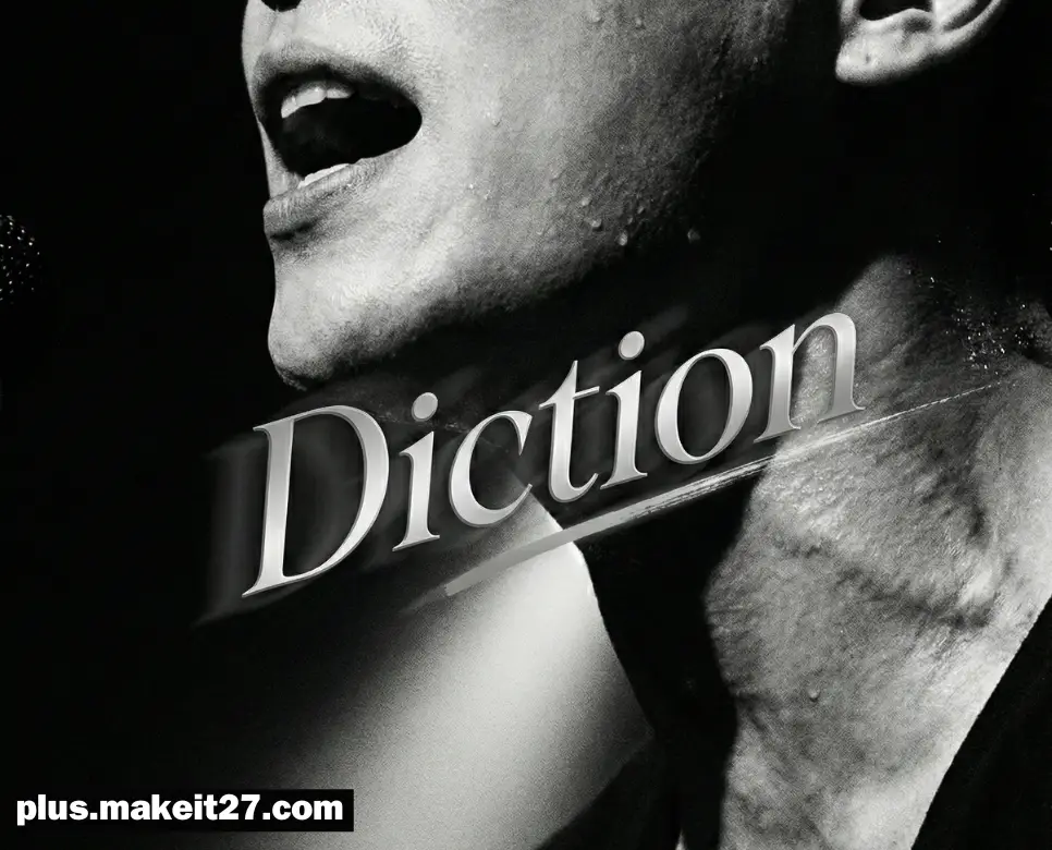 무대 위에서 명확한 발음을 구사하며 열연하는 배우의 모습과 세련된 영문 딕션 타이포그래피