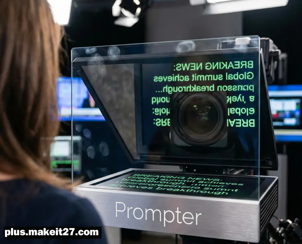 방송 진행자의 자연스러운 대사 처리를 돕는 스마트한 프롬프터 장비와 깔끔한 영문 로고