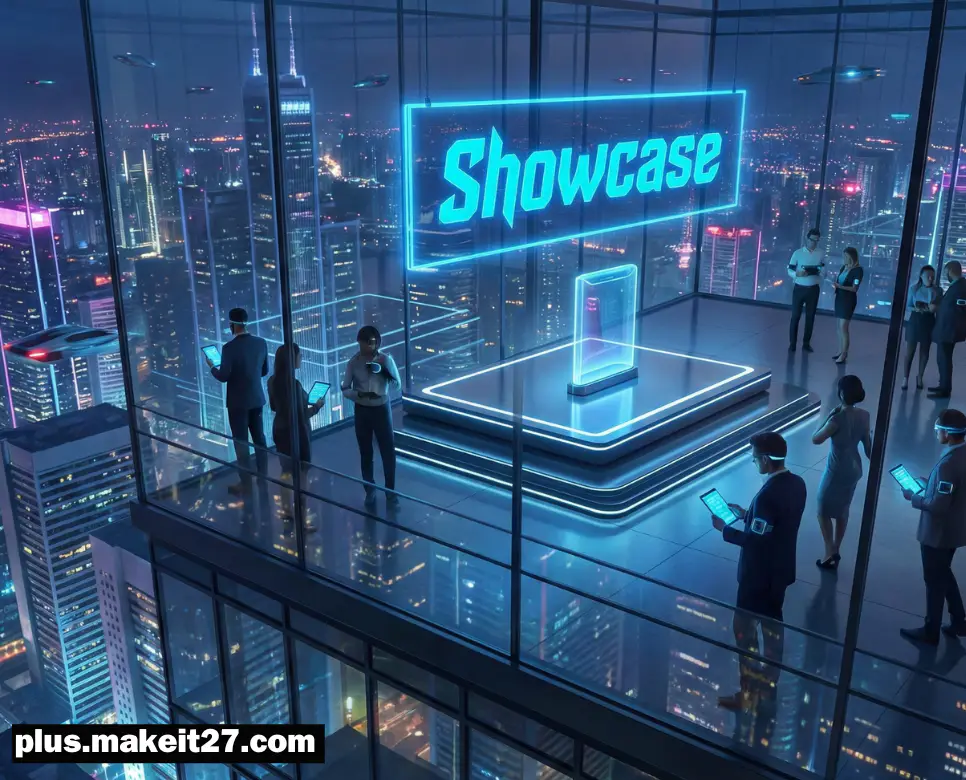미래 지향적인 분위기에서 신제품을 발표하는 쇼케이스 현장과 감각적인 영문 디자인