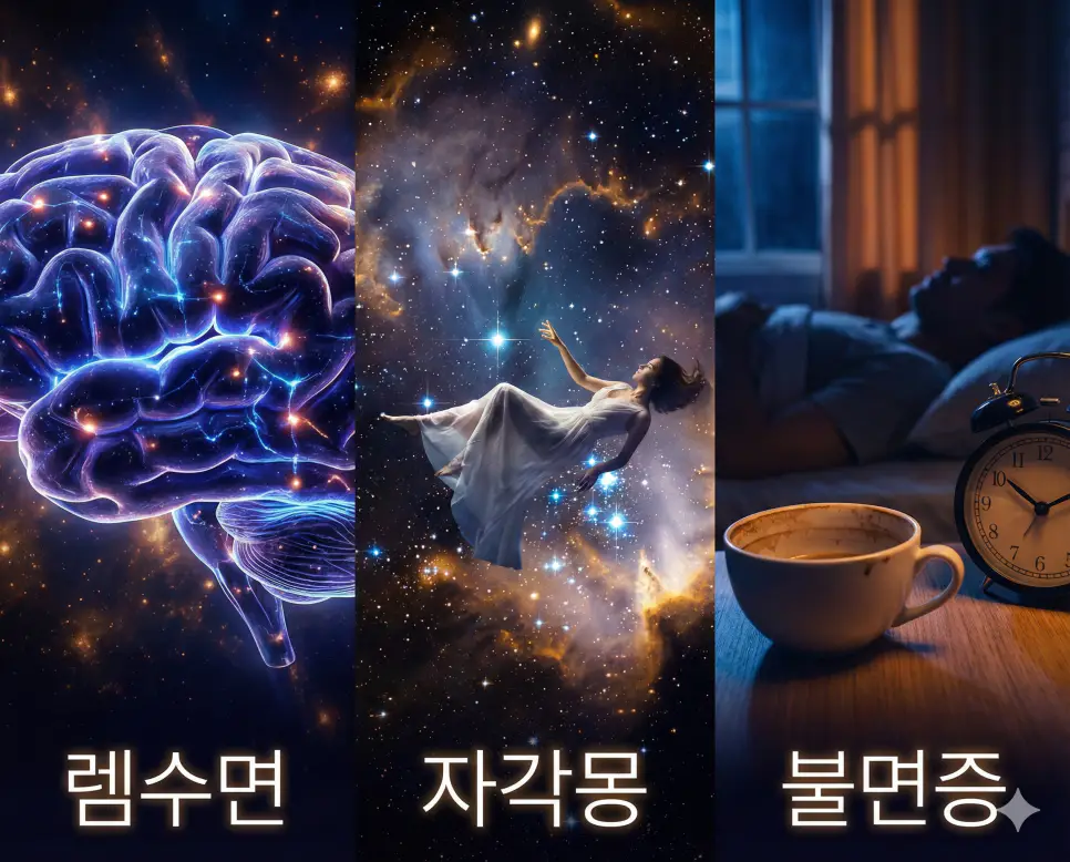 렘수면의 뇌 활동, 자각몽의 조절력, 불면증의 고충을 통합적으로 보여주는 수면 관련 시각 자료