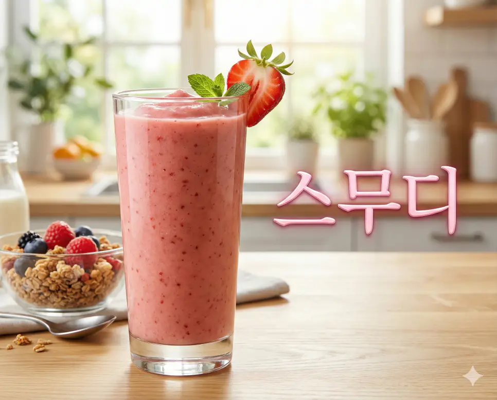 스무디 뜻을 상징하는 과일을 통째로 갈아 만든 걸쭉하고 부드러운 질감의 건강 음료 이미지