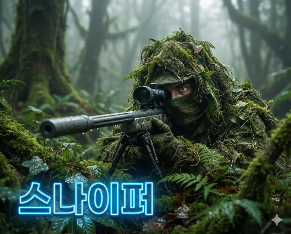 스나이퍼 뜻인 은밀한 장소에서 정밀 사격을 수행하는 저격수를 상징하는 시네마틱 이미지