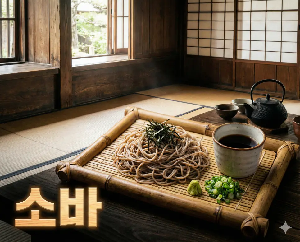 소바 뜻이 담긴 담백한 메밀국수와 시원한 쯔유 소스가 조화를 이루는 일본 전통 국수 요리의 실사 사진