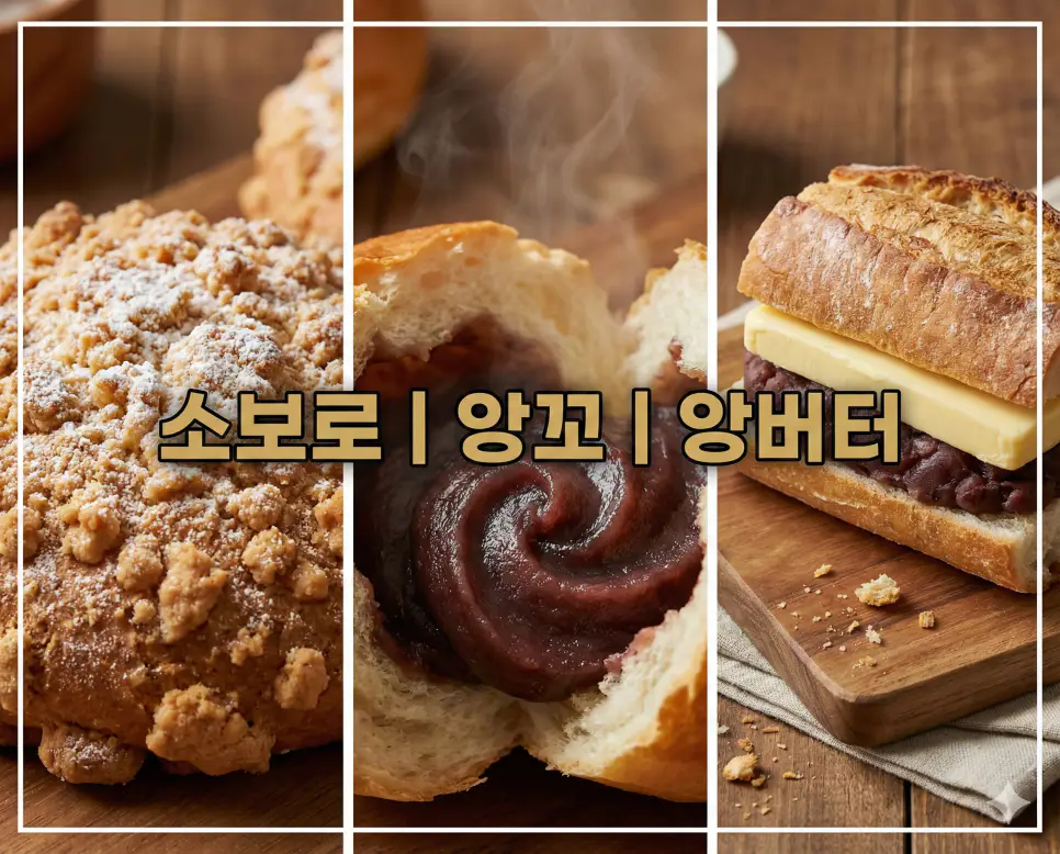 소보로 뜻, 앙꼬 뜻, 앙버터 뜻 베이커리 핵심 키워드를 한눈에 확인하기 좋게 정리한 통합 가이드 이미지입니다.