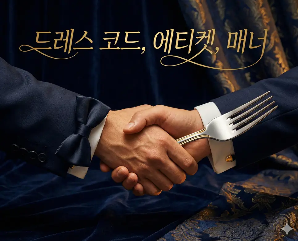 드레스 코드의 격식, 에티켓의 규칙, 매너의 배려를 한 장의 예술적인 프레임에 담아낸 사회적 예절 종합 이미지