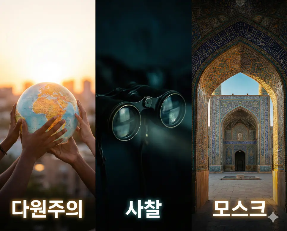 다양성의 존중, 권력의 감시, 종교의 신성함을 통합적으로 보여주는 시각 자료