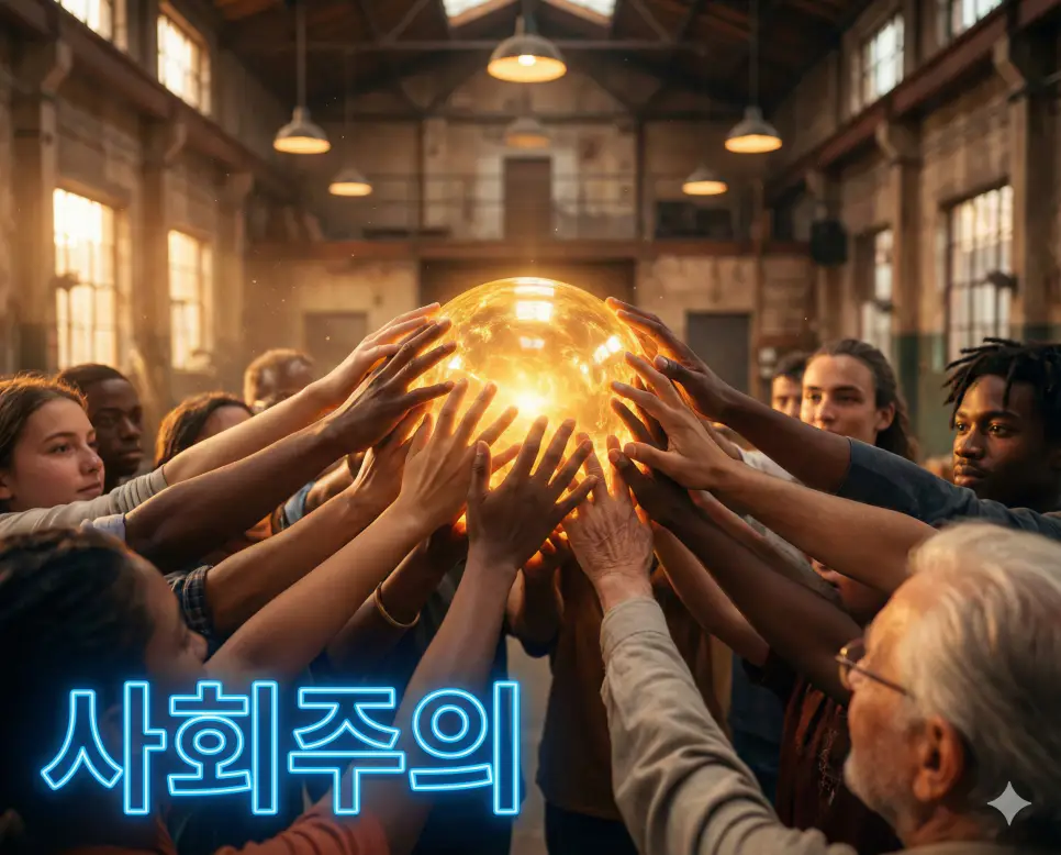 사회주의 뜻인 생산 수단의 공동 소유와 관리를 통해 사회적 평등과 공정한 분배를 실현하려는 사상을 상징적으로 표현한 이미지