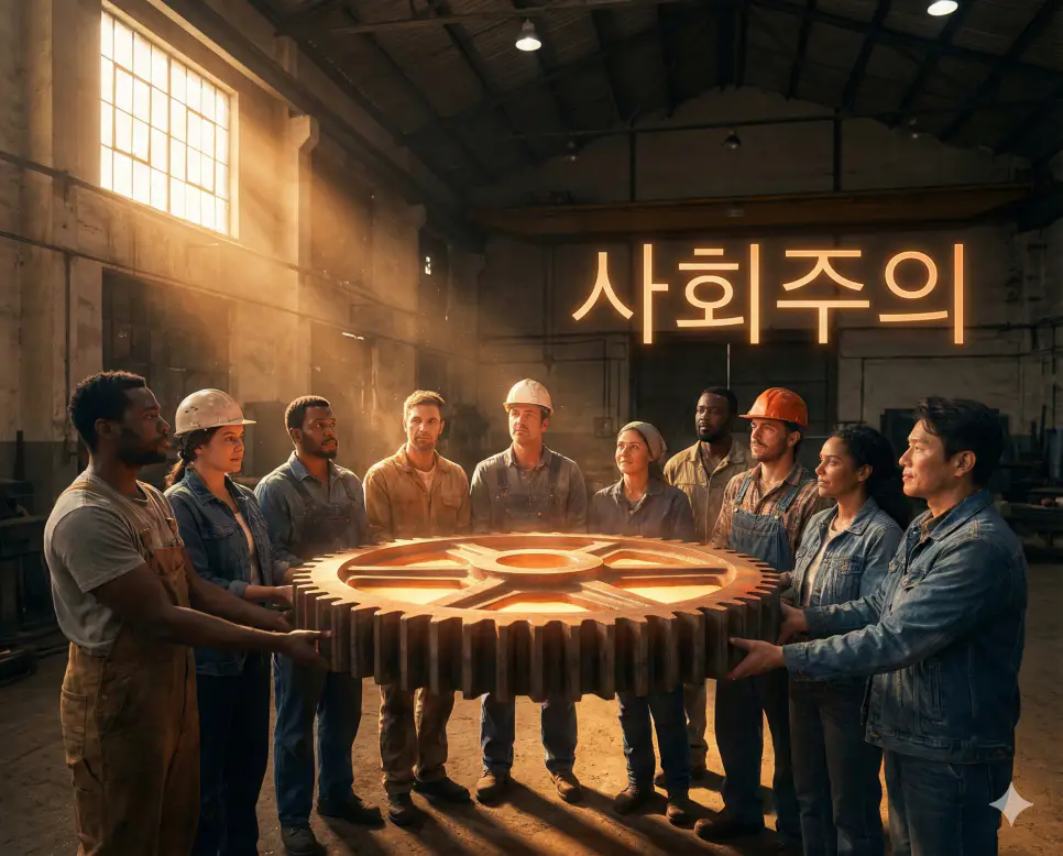 사회주의 뜻인 생산 수단을 공동으로 소유하고 관리하여 평등한 사회를 실현하려는 사상을 시각화한 실사 이미지