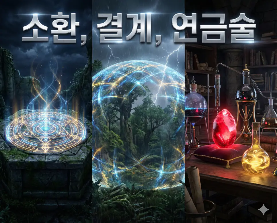 소환, 결계, 연금술의 개념과 신비로운 현상들을 세련된 구도로 통합한 종합 가이드 이미지