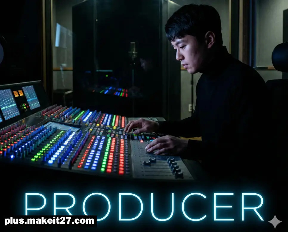 완벽한 사운드와 기획을 위해 몰입하는 프로듀서의 스튜디오 작업 현장과 감각적인 영문 디자인