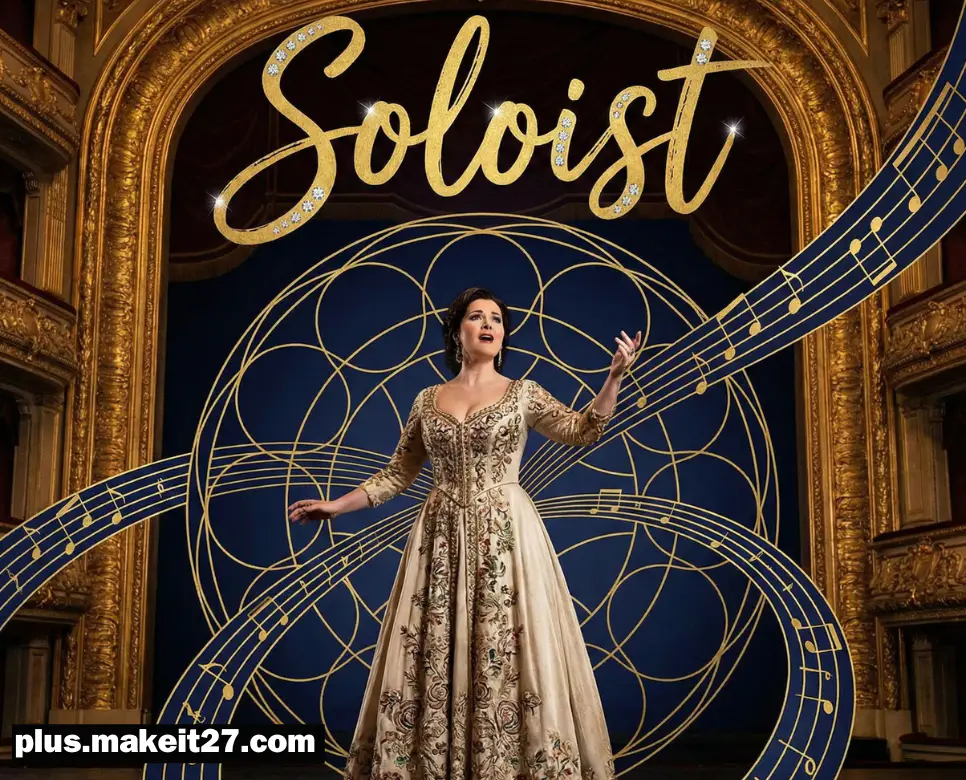 아트 데코 스타일로 우아하고 강렬하게 표현된 무대 위의 솔리스트 이미지와 예술적인 영문 타이포그래피