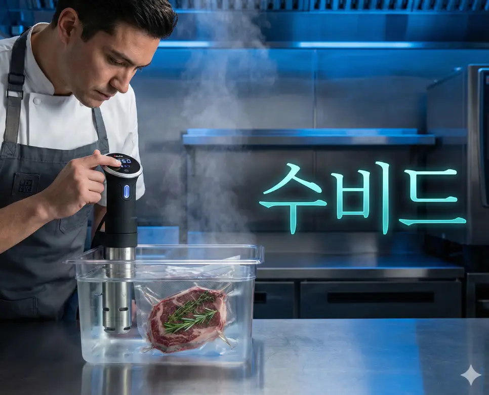 수비드 뜻이 담긴 저온 진공 조리법으로 식재료의 육즙과 영양을 완벽하게 보존하는 현대적 조리 장면