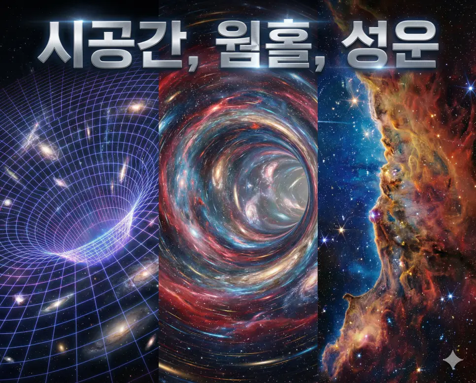 시공간, 웜홀, 성운의 개념과 우주의 신비로운 현상을 세련된 구도로 통합한 종합 가이드 이미지