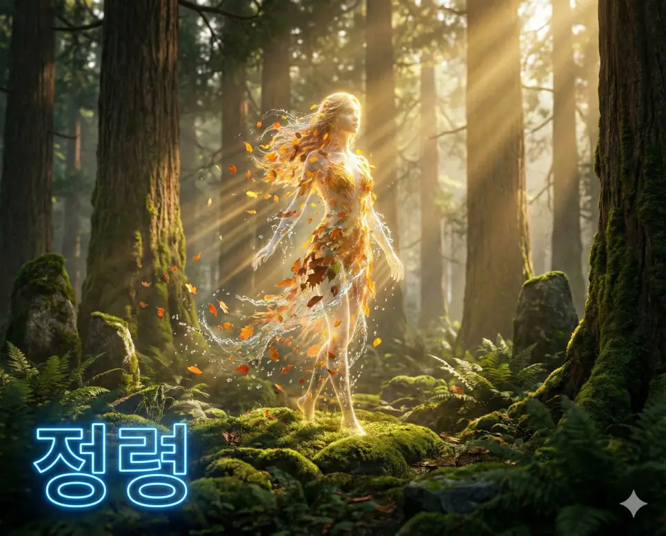 정령 뜻인 자연물에 깃들어 있다고 믿어지는 신비로운 영적 존재를 상징적으로 표현한 이미지