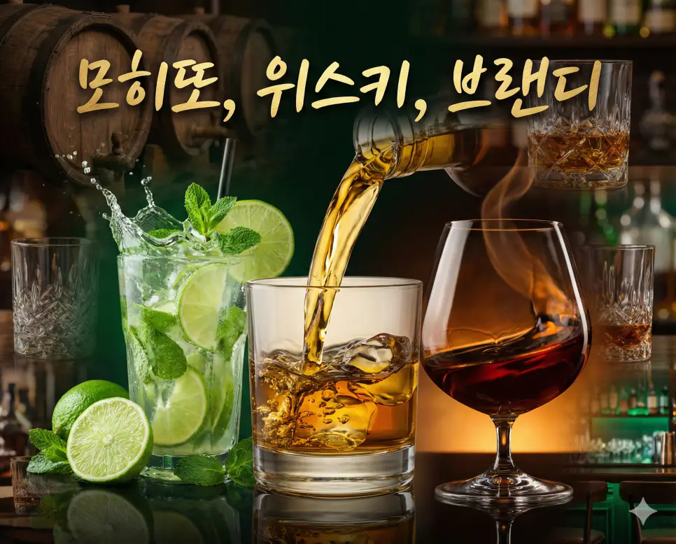 모히또의 상큼함, 위스키의 중후함, 브랜디의 화려함을 한 장의 예술적인 프레임에 담아낸 주류 문화 종합 이미지