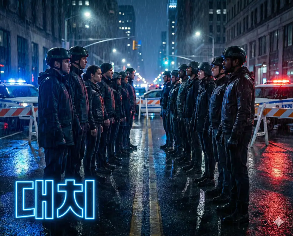 대치 뜻인 서로 반대되는 세력이 마주 대하여 버티고 있는 긴장된 상태를 상징적으로 표현한 이미지