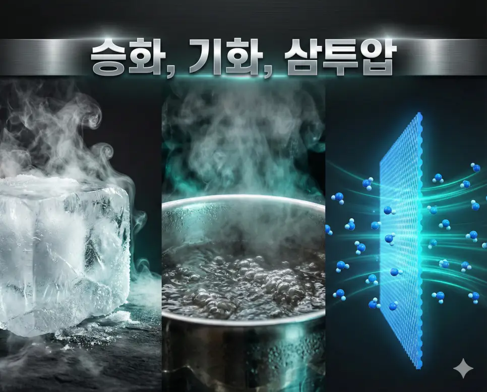 승화, 기화, 삼투압의 개념과 물리적 현상들을 세련된 구도로 통합한 종합 가이드 이미지