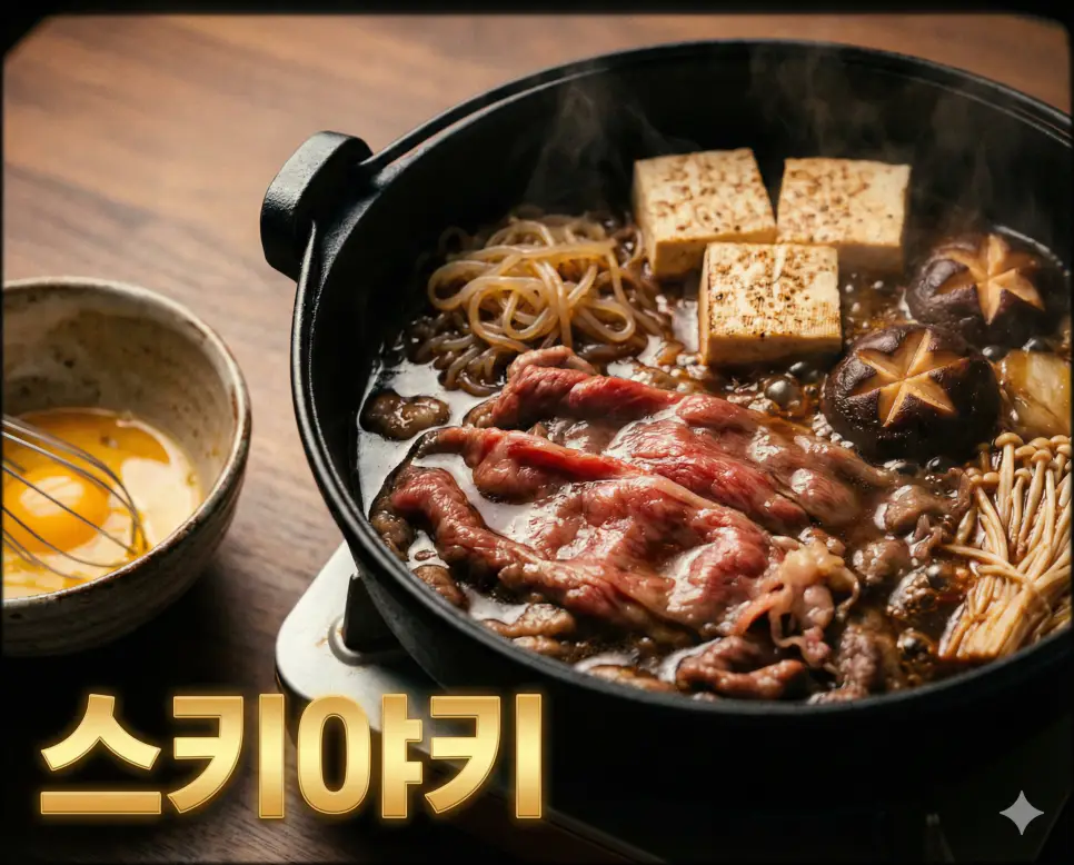 스키야키 뜻이 담긴 진한 간장 소스에 졸여진 소고기와 고소한 날달걀 물이 조화를 이루는 일본 전통 냄비 요리의 실사 사진