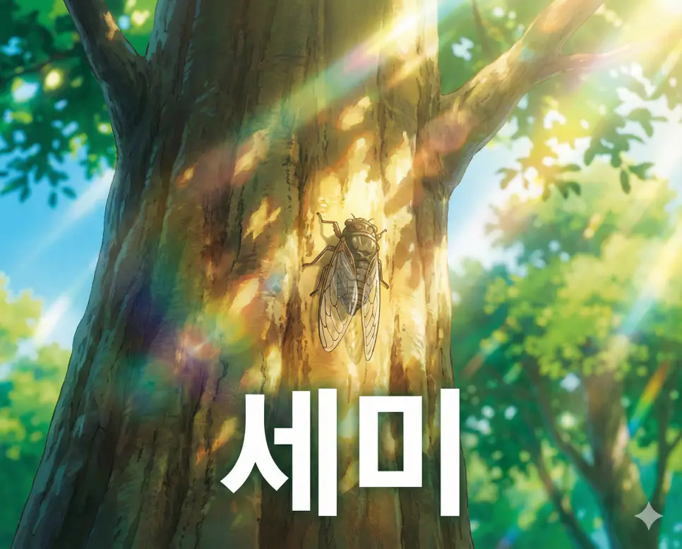 매미를 의미하는 세미 뜻이 담긴 일본 여름 특유의 분위기와 청량함이 느껴지는 애니메이션 스타일 이미지입니다.
