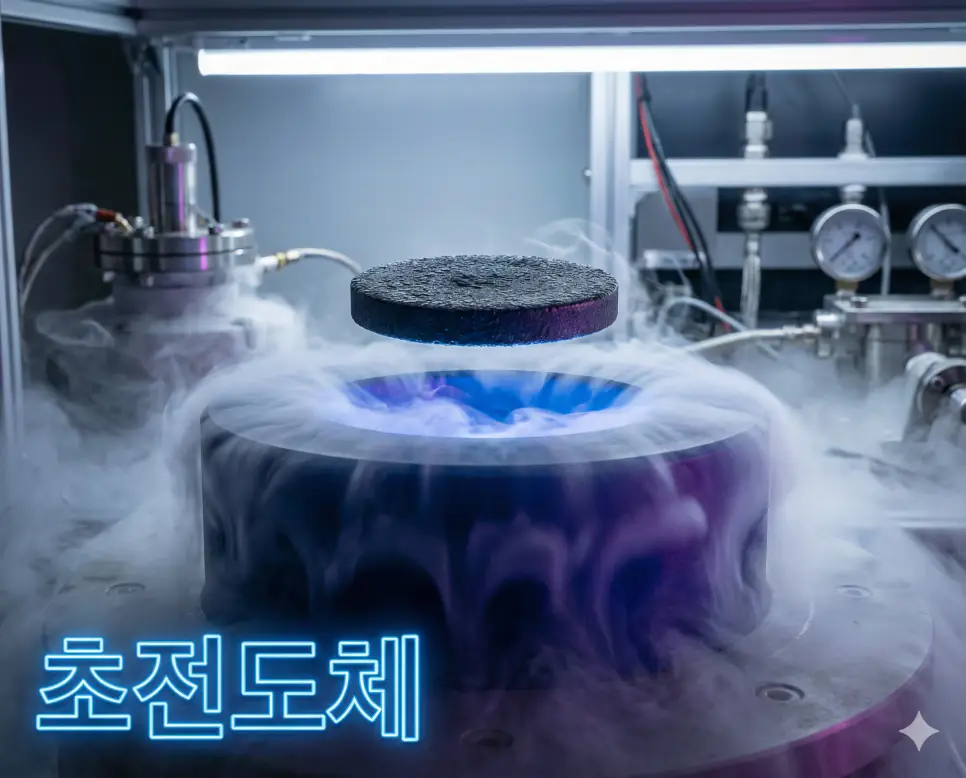 초전도체 뜻인 특정 온도에서 전기 저항이 0이 되고 자기장을 밀어내는 성질을 가진 물질을 시각화한 이미지