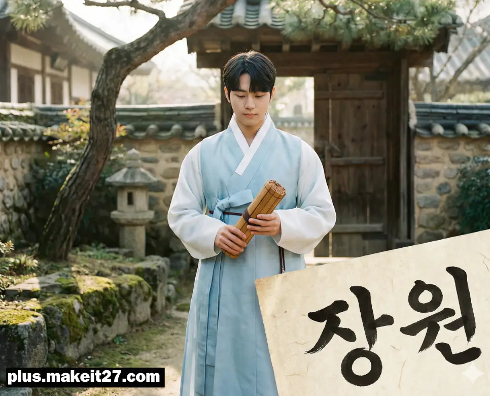 경연 대회에서 최고의 성적을 거두어 영예를 안은 장원의 숭고한 모습과 전통적인 한글 흘림체 디자인