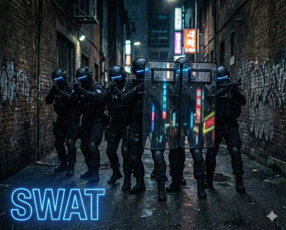 SWAT 뜻인 경찰 특수기동대의 도시 작전 모습을 감각적으로 시각화한 이미지