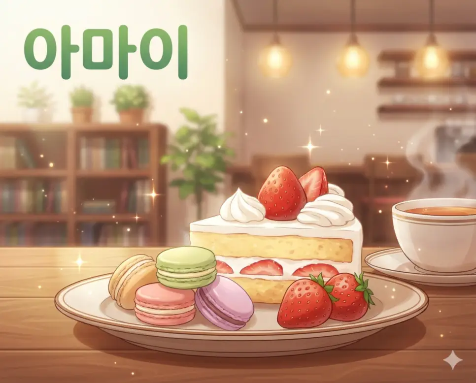 맛이 달콤하거나 성격이 무르다는 의미를 가진 아마이 뜻과 달콤한 디저트의 감성이 잘 표현된 애니메이션 스타일 이미지입니다.