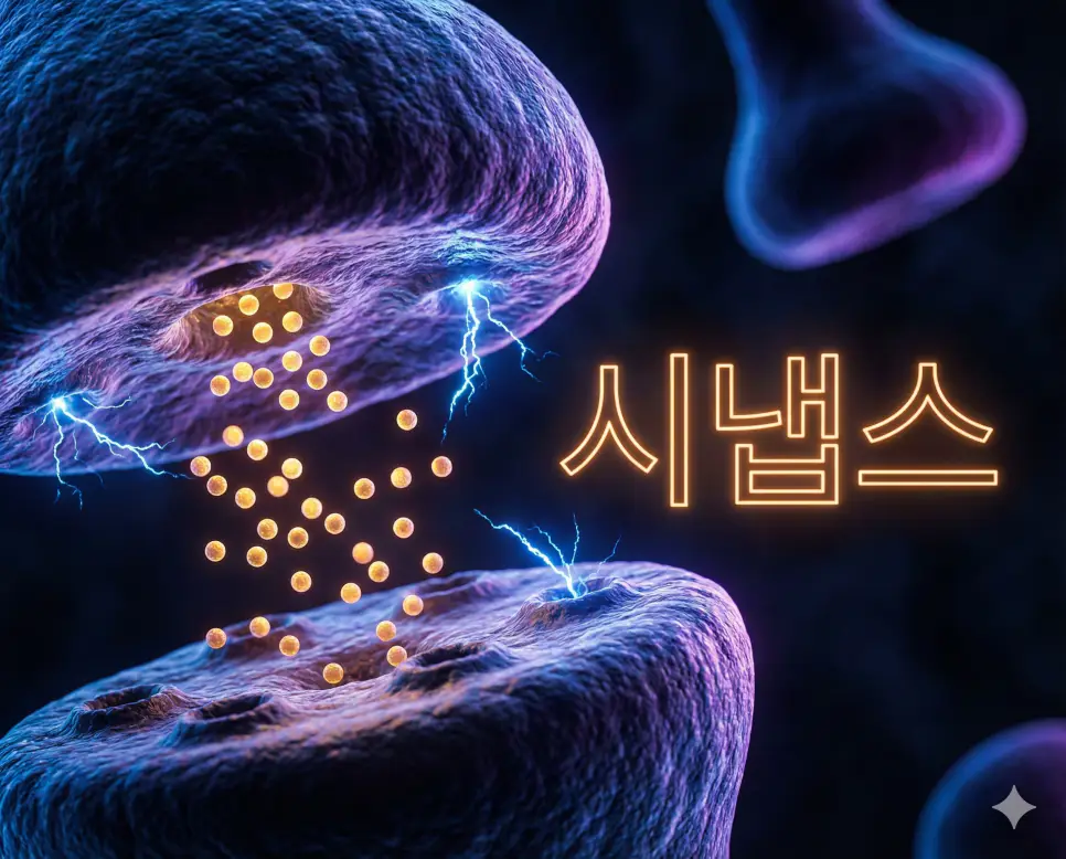 시냅스 뜻인 신경 세포 사이의 연결 부위에서 신호가 전달되는 과정을 묘사한 실사 이미지