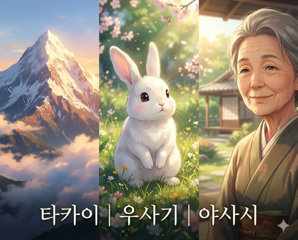 타카이, 우사기, 야사시라는 한글 단어를 명확하게 포함하여 고퀄리티 애니메이션 스타일로 제작한 통합 가이드 이미지입니다.