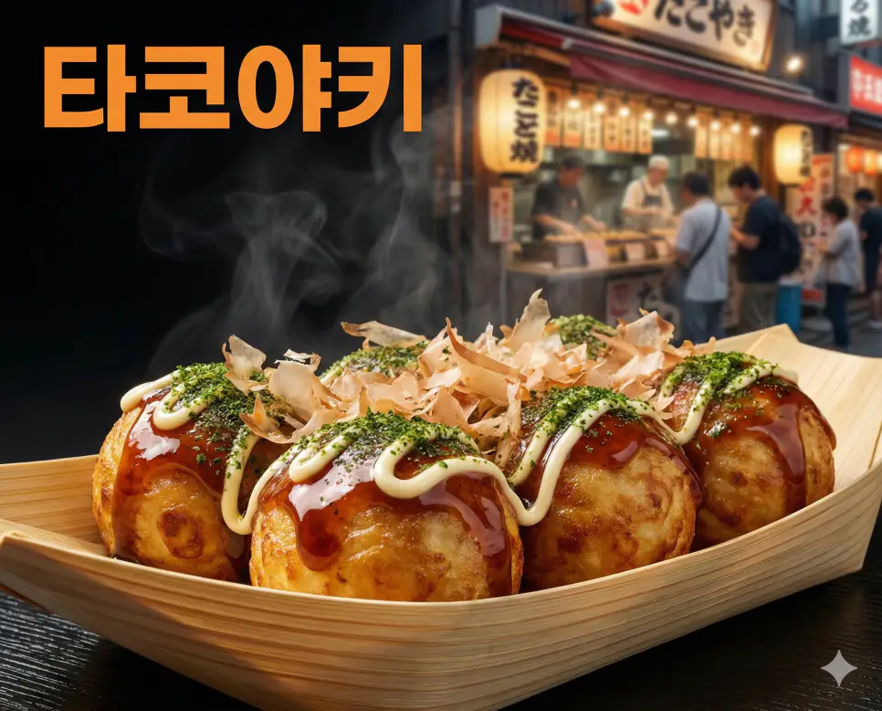 노릇노릇하게 구워진 문어 빵 타코야키 뜻 의미를 시각적으로 전달하는 고화질 실사 음식 사진입니다.